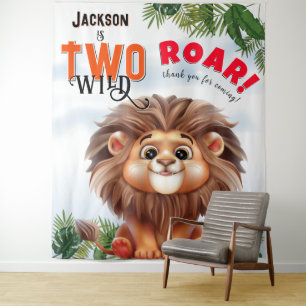 Lion Safari Twee Wilde Kinderen Verjaardag Achterg Wandkleed