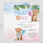 Lion Safari Twins met Bow Wild op een verjaardag Kaart (Voorkant / Achterkant)