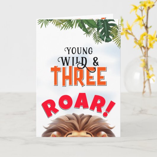 Lion Safari Wild en drie kinderen jarig Kaart (Gele Bloem)