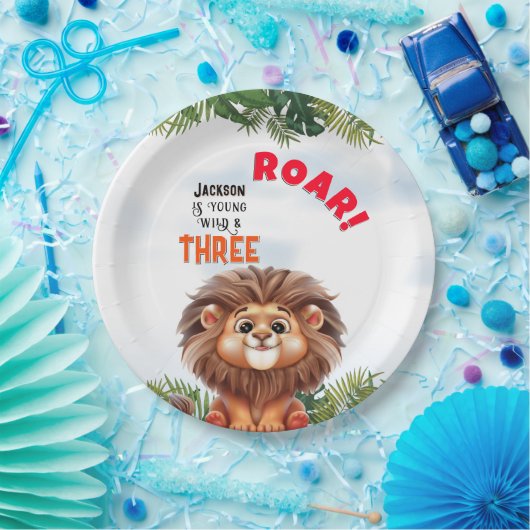 Lion Safari Wild en drie kinderen jarig Papieren Bordje (Feest)