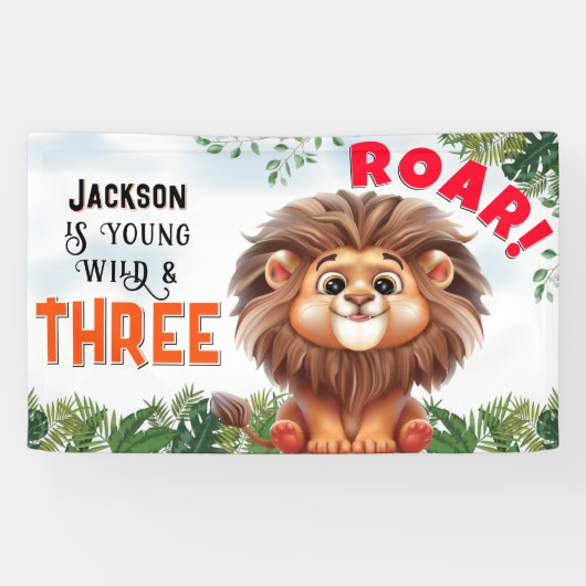 Lion Safari Wild en drie kinderen jarig Spandoek (Horizontaal)