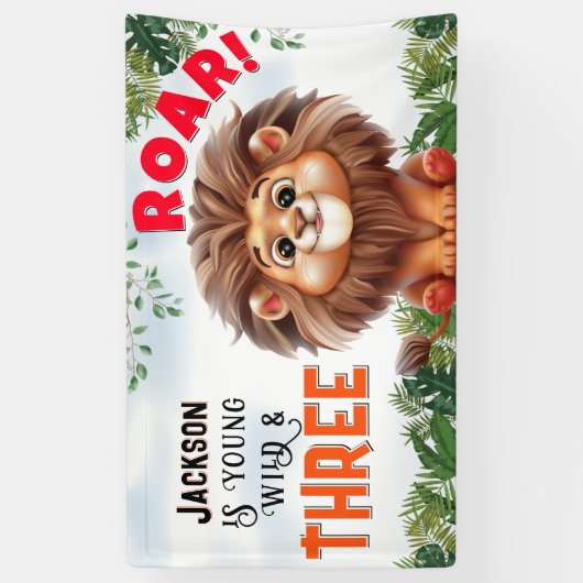 Lion Safari Wild en drie kinderen jarig Spandoek (Verticaal)