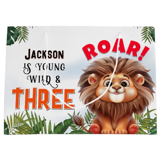 Lion Safari Wild en drie kinderen verjaardagsfeest Groot Cadeauzakje (Voorkant)