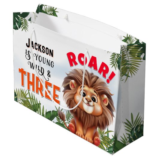 Lion Safari Wild en drie kinderen verjaardagsfeest Groot Cadeauzakje (Achterkant Gekanteld)