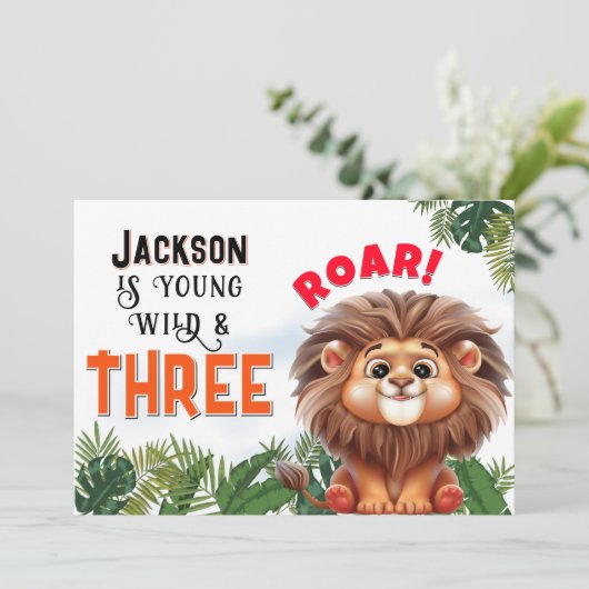 Lion Safari Wild en drie kinderen verjaardagsfeest Kaart (Staand voorkant)