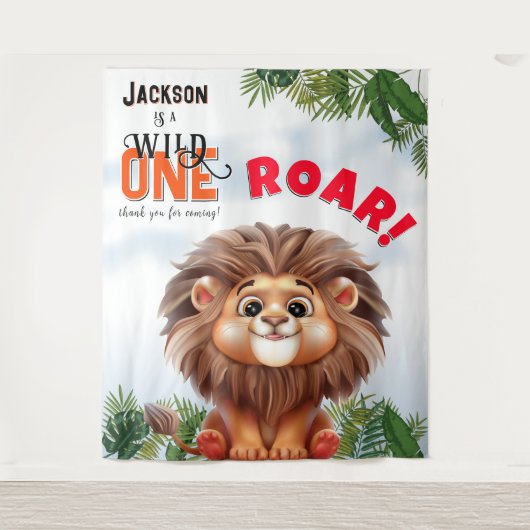 Lion Safari Wild One Kids Verjaardag Achtergrond Wandkleed (Voorkant)