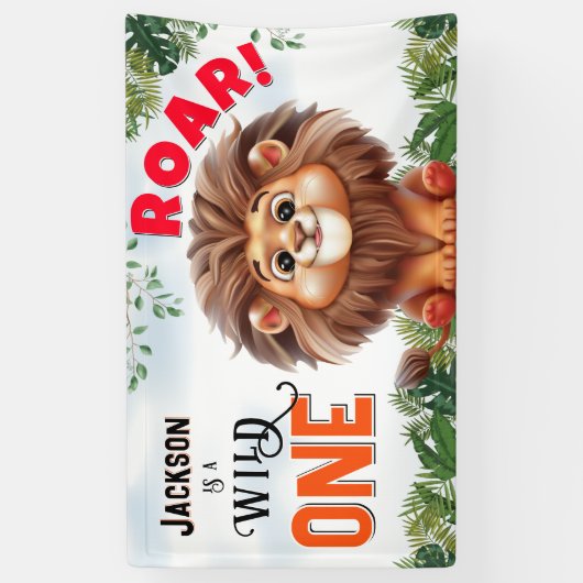 Lion Safari Wild One Kids Verjaardag Spandoek (Verticaal)