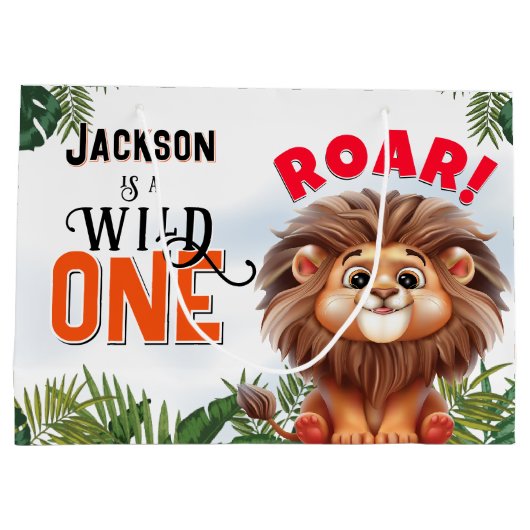Lion Safari Wild One Kids Verjaardagsfeest Groot Cadeauzakje (Achterkant)