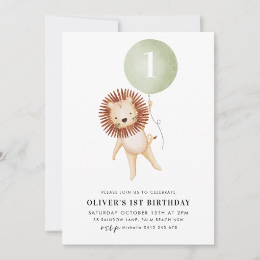 Lion Sage Green Ballon Boys 1e verjaardag Kaart (Voorkant)