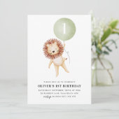 Lion Sage Green Ballon Boys 1e verjaardag Kaart (Staand voorkant)