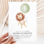 Lion Sage Green Ballon Boys 1e verjaardag Kaart<br><div class="desc">Een schattige leeuw en een sage groene ballonjongen's eerste uitnodiging op Birthday - Het perfecte thema voor je eerste verjaardagsfeestje. Het aantal op ballon kan worden uitgegeven om een 2de verjaardag of om het even welke leeftijd aan te passen!</div>