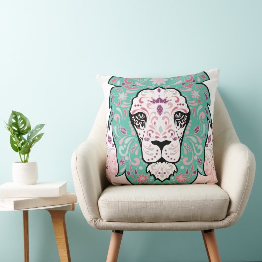 Lion Skull en Roze Paarse Blauwe Munt Pillow Kussen (Stoel)