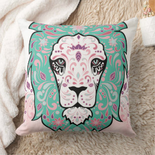 Lion Skull en Roze Paarse Blauwe Munt Pillow Kussen