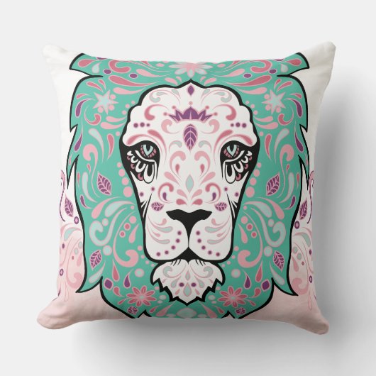 Lion Skull en Roze Paarse Blauwe Munt Pillow Kussen (Voorkant)