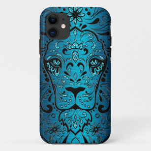Lion Sugar Skull Metallic Blue Background iPhone 11 Hoesje