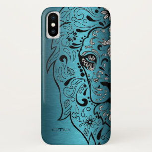 Lion Sugar Skull on Turquoise Metallic Texture iPhone X Hoesje