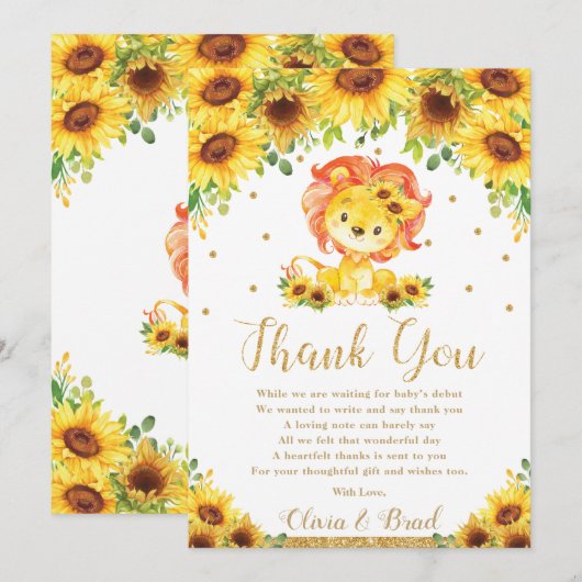 Lion Sunflower Baby shower Verjaardag Bedankkaart (Voorkant / Achterkant)