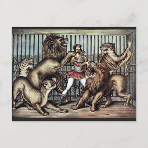 Lion Tamer in kooi met Lions Circus Poster Briefkaart