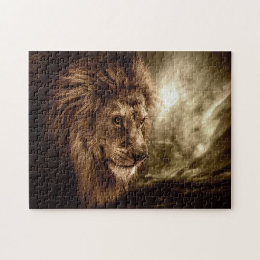 Lion tegen stormachtige hemel legpuzzel (Horizontaal)