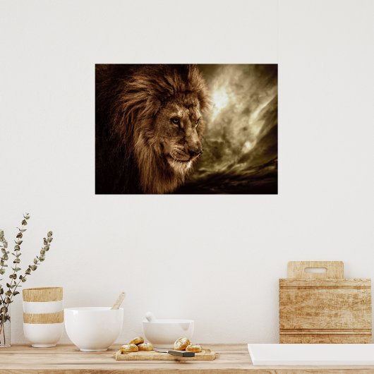 Lion tegen stormachtige hemel poster (Keuken)