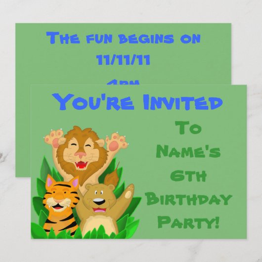 Lion Tiger Beer kinderen Birthday Party Invitation Kaart (Voorkant / Achterkant)