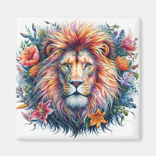 Lion Waterverf Kleurrijke Bloemmagneet Magneet (Voorkant)