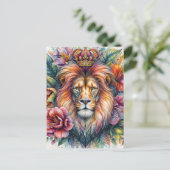 Lion Wearing Crown Floral Waterverf Portret Briefkaart (Staand voorkant)