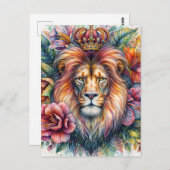 Lion Wearing Crown Floral Waterverf Portret Briefkaart (Voorkant / Achterkant)