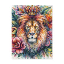 Lion Wearing Crown Floral Waterverf Portret
