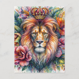 Lion Wearing Crown Floral Waterverf Portret Briefkaart