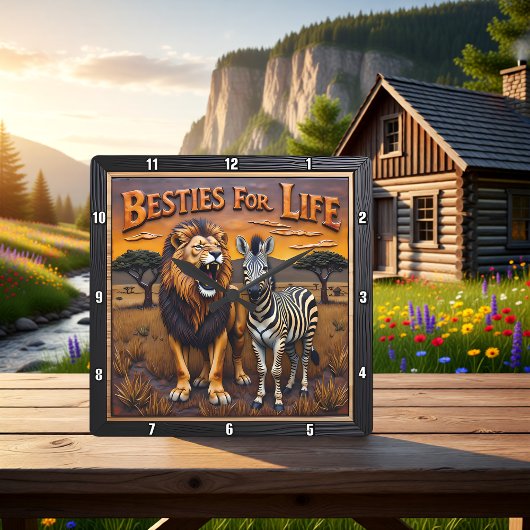 Lion Zebra Savanna Besties Vierkante Klok