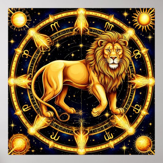 Lion Zodiac symbool boven hemelse sterrenachtergro Poster (Voorkant)