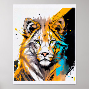 Lion zwart paarse blauw vormen lijnen verven plash poster