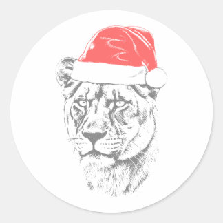Lioness Christmas Hat Ronde Sticker