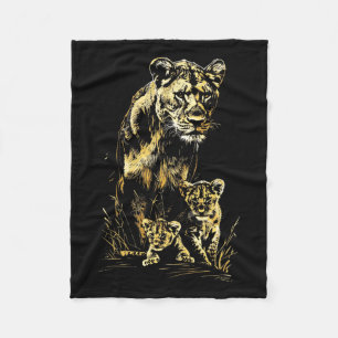 Lioness Cubs Hunting Team Lion Wildlife Sketch Fleece Deken
