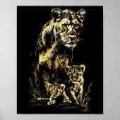 Lioness Cubs Hunting Team Lion Wildlife Sketch Poster (Voorkant)