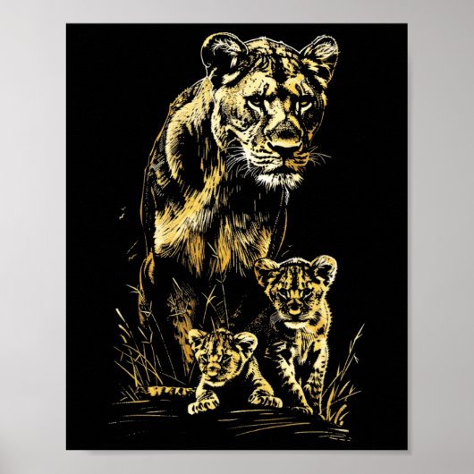Lioness Cubs Hunting Team Lion Wildlife Sketch Poster (Voorkant)