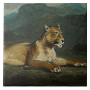Lioness reclining, c.1855 (olie op paneel) tegeltje