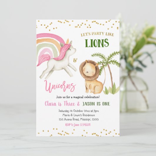Lions en eenhoorns Verjaardag uitnodiging (Staand voorkant)