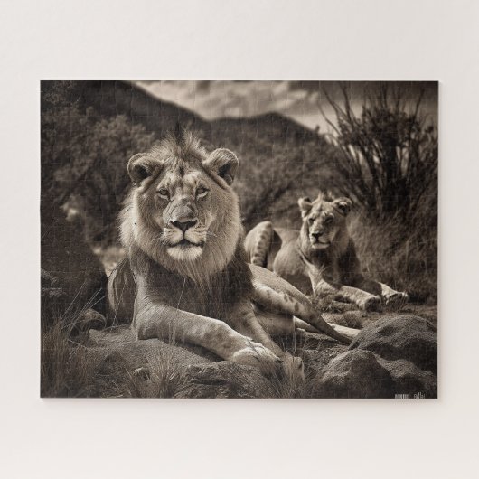 Lion's Rest - Black and White Jigzaag Puzzle Legpuzzel (Horizontaal)