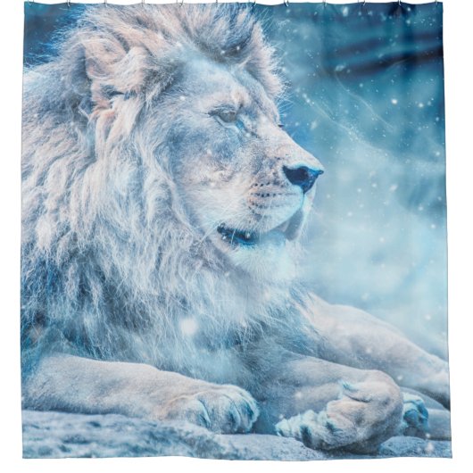 Lionsneeuw die op een kunstdier ligt douchegordijn (Voorkant)