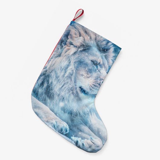 Lionsneeuw die op een kunstdier ligt kleine kerstsok (Voorkant (Hangend))
