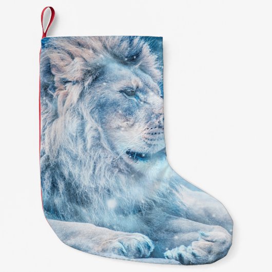 Lionsneeuw die op een kunstdier ligt kleine kerstsok (Voorkant)