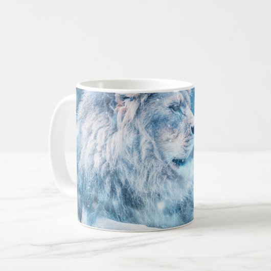 Lionsneeuw die op een kunstdier ligt koffiemok (Voorkant links)