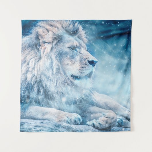 Lionsneeuw die op een kunstdier ligt wandkleed (Voorkant)