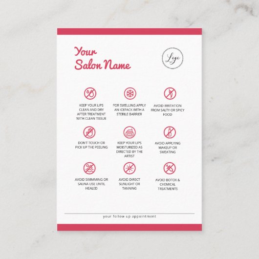 Lip Blush Aftercare Instructies PMU Instructie Visitekaartje (Achterkant)