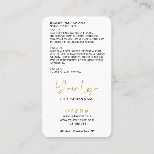 Lip Blush Care Instructies White & Gold PMU Logo Visitekaartje (Achterkant)