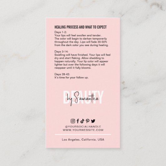 Lip Blushing Nazorg Instructies Roze schoonheid Visitekaartje (Achterkant)