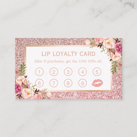 Lip Loyalty Kaart | Roze Bloemen Roos Gouden Glitt (Voorkant)