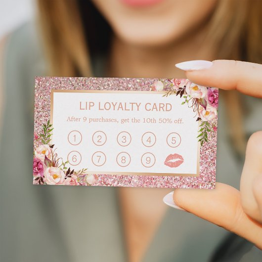 Lip Loyalty Kaart | Roze Bloemen Roos Gouden Glitt